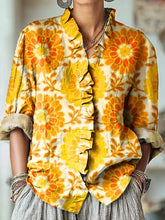 Women's Beautiful Abstract Sunflower Floral Painting Art Print Casual Cotton And Linen Ruffle Shirt